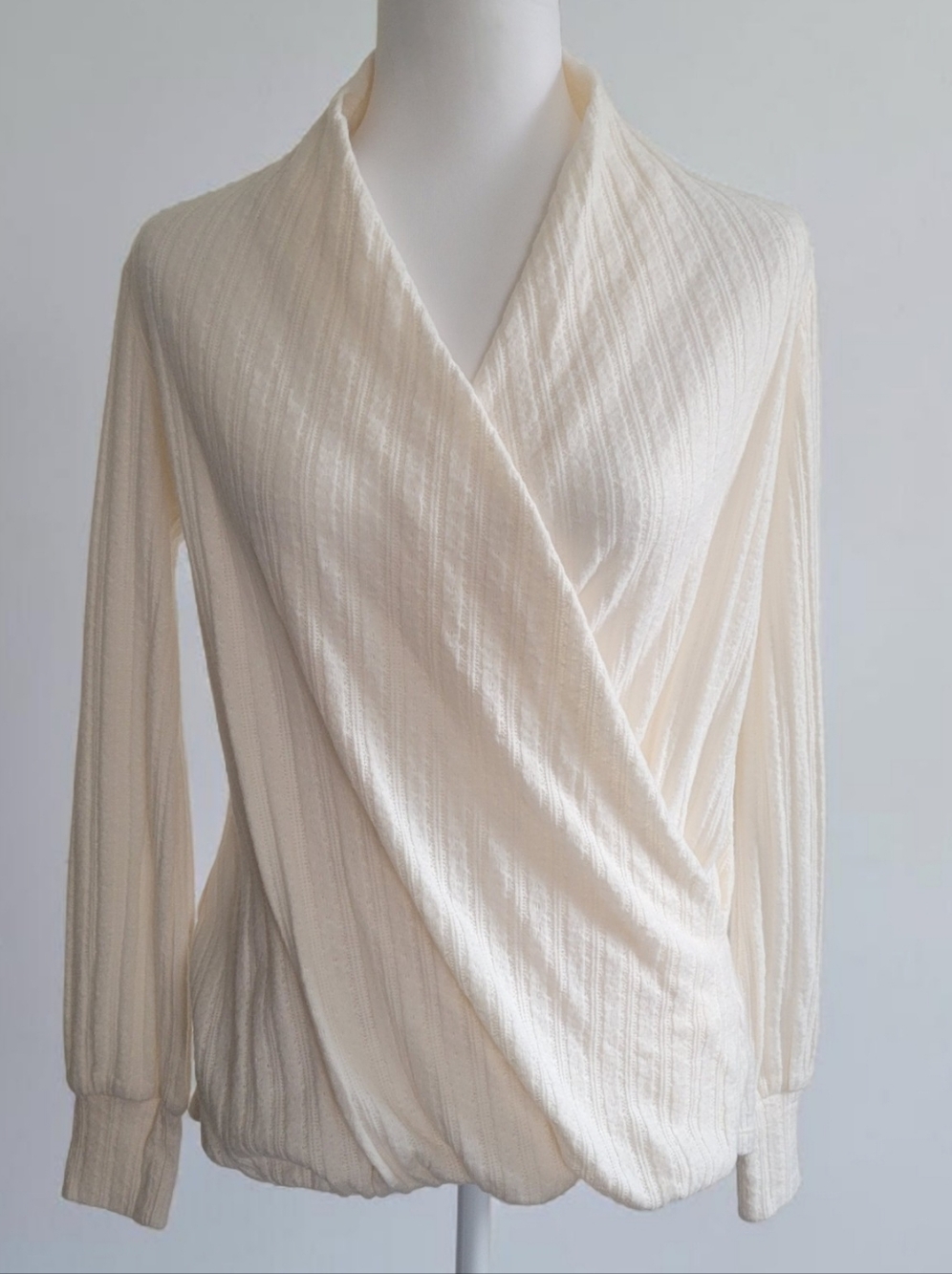 Anthropologie Maeve Ivory Faux Wrap Long Sleeve Surplice Knit Top, Women's XS